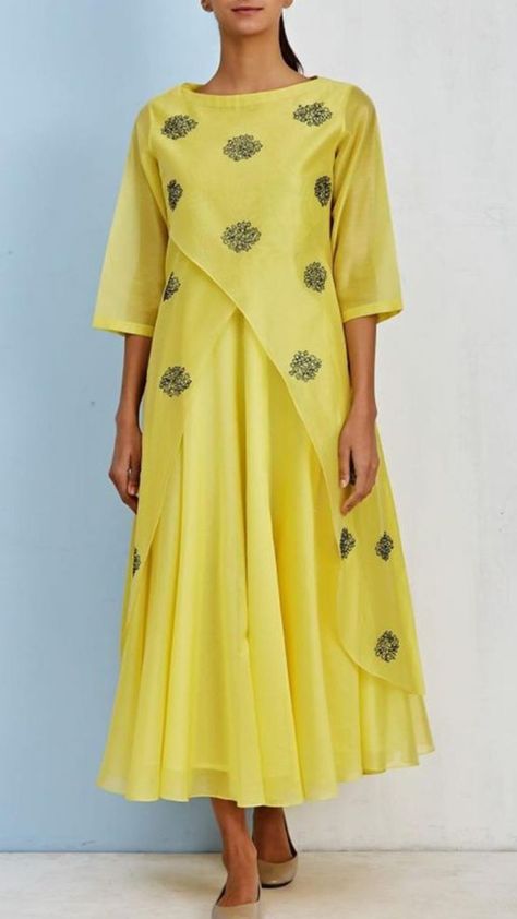 Overlap double layered Chanderi-Silk Kurti. Overlapping Kurti Designs, Double Layered Kurti Designs, Layered Kurta, Yellow Kurti, Sleeveless Blouse Designs, Abaya Design, Silk Kurti, Gaun Fashion, Fancy Kurti