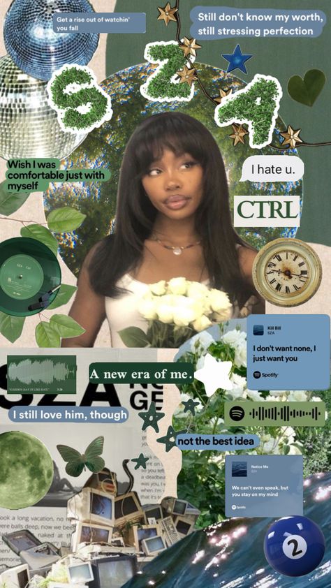 sza #sza #music #green #blue #ocean Sza Aesthetic Wallpaper Blue, Sza Collage, Sza Music, Sza Collage Wallpaper, Dog Preppy, Sza Songs, Sza Poster, Sza Aesthetic, Sza Singer