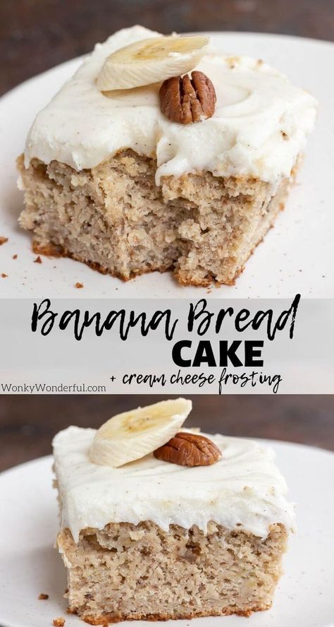 This Banana Bread Cake with Cream Cheese Frosting is exactly the comfort food you need. An Easy Banana Cake Recipe that is quick and simple. Top it with luscious Vanilla Cream Cheese Frosting for the ultimate indulgent dessert. #bananabread #bananabreadcake #bananarecipes #dessertrecipes #cakerecipes Best Banana Cake Recipe, The Best Banana Cake, Peanut Butter Breakfast Bar, Cheesecake Strawberries, Best Banana Cake, Banana Cake Recipe Easy, Recipe With Cream Cheese, Banana Bread Cake, Recipe Cheesecake