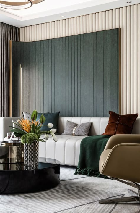 Louvers In Bedroom, Dark Green Texture, Interior Architecture Portfolio, Den Room, Network Design, Living Rooms Design, Neoclassical Interior, Sofa Wall, Small House Interior Design