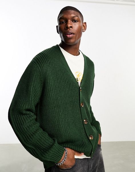 Jumpers & Cardigans by ASOS DESIGN Softwear update V-neck Button placket Long sleeves Oversized fit Green Cardigan Outfit Men, Male Cardigan Outfit, Cardigan Shirt Outfit, Grandpa Outfit Men, Mens Cardigan Outfit, Mens Cardigans, Cardigan Outfit Men, Green Cardigan Outfit, Male Cardigan