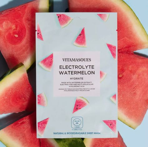 A Moisture-Boosting Mask: Vitamasques Electrolyte Hydrating Watermelon Sheet Mask Watermelon Face, Natural Electrolytes, Face Sheet Mask, Watermelon Fruit, Sodium Lauryl Sulfate, Hydrating Mask, Clean Ingredients, Free Radicals, Dehydrated Skin