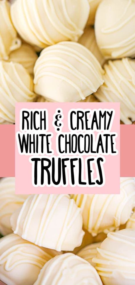 Rich, creamy no-bake White Chocolate Truffles recipe with only 3 ingredients! Perfect easy candy idea for special occasions, picnic yums, mother's day dessert ideas, holidays & more! White Chocolate Ganache Filling, Irish Cream Truffles, Mother's Day Dessert, No Bake Truffles, Chocolate Truffles Recipe, White Chocolate Desserts, Best White Chocolate, Cheesecake Truffles, White Chocolate Brownies