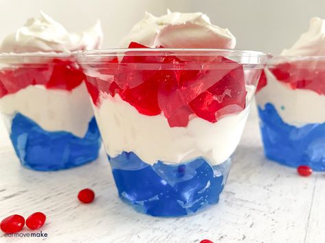 Red White And Blue Jello Cups, Fourth Of July Jello Cups, 4th Of July Jello Cups For Kids, 4th Of July Jello Cups, 4th Of July Pudding Cups, Fourth Of July Jello Desserts, Red White Blue Jello Desserts, 4th Of July Parfait, Patriotic Jello Desserts