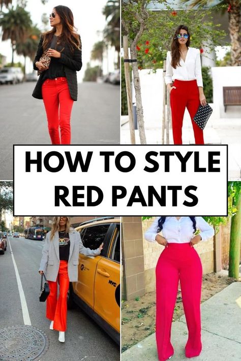 13 What To Wear With Red Pants Chic Style Ideas - Inspired Beauty Red Toms Outfit, Red Trousers Outfit Casual, Red Pants Fall, Red Flare Pants Outfit, Red Pants Outfits, Chinos Women Outfit, Red Trousers Outfit, Red Jeans Outfit, Burgundy Pants Outfit