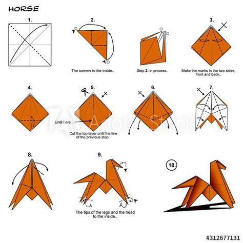 Origami horse diagram steps instructions paperfolding paper art Stock Illustration | Adobe Stock Origami Instructions Animals, Horse Origami, Easy Origami Animals, Origami Horse, Origami Animal, Origami Tutorials, Origami Elephant, Origami Star Box, Origami Diagrams