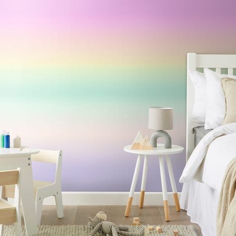 Pastel Rainbow Bedroom, Rainbow Bedroom Ideas Kids, Ombre Bedroom, Girls Rainbow Bedroom, Rainbow Girls Room, Rainbow Room Kids, Rainbow Mural, Rainbow Bedroom, Pastel Bedroom