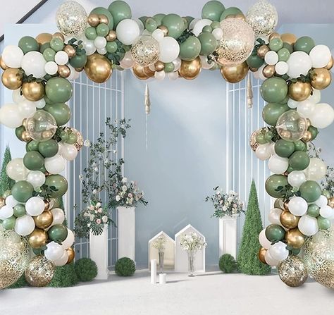 Sage Green And Gold Balloon Arch, Forest Green Balloon Arch, Balloon Arch With Leaves, Forest Green Balloon Garland, Sage Green Enchanted Forest Quince, Enchanted Forest Theme Balloon Arch, Forest Balloon Arch, Green And White Decorations Party, Enchanted Forest Balloon Arch