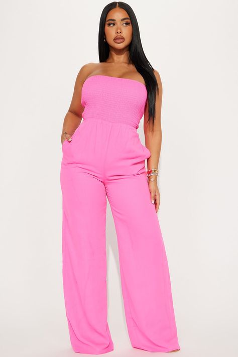 Available In Pink And Lime. Jumpsuit Smocked Tube Pant Lined Pockets Wide Leg Non Stretch 100% Polyester Imported | Araminta Smocked Jumpsuit in Pink size Medium by Fashion Nova Latina Business, Smocked Jumpsuit, Jumpsuit For Wedding Guest, Jumpsuit Pink, 50th Bday, 50th Clothing, Graduation Outfits, Pink Theme, Pink Jumpsuit