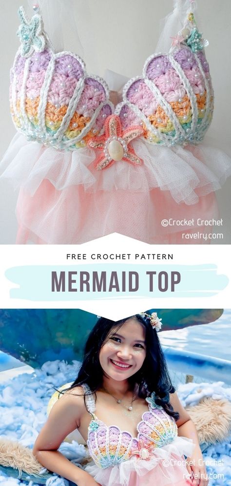 Mermaid Top Free Crochet Pattern Are there any fans of The Little Mermaid among our lovely readers? We have found a real treat for you today! #crochettop #shellstitch #crochetmermaidtop #freecrochetpattern Crochet Fans Pattern, Seashell Crochet Top Pattern, Crochet Sea Shell Top, Crochet Shell Bra Pattern Free, Crochet Shell Bra Cup, Crochet Shell Top Pattern, Free Crochet Costume Patterns, Crochet Mermaid Top Pattern Free, Crochet Mermaid Top Pattern