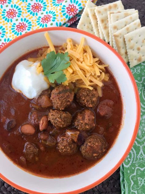 Meatball Chili Recipe For Stove Top OR Slow Cooker! - Must Have Mom Meatball Chili, Chili Recipe Stovetop, Easy Meatball, Turkey Meatball, Slow Cooker Meatballs, Chilli Recipes, Meatballs Easy, Slow Cooker Chili, Mexican Foods