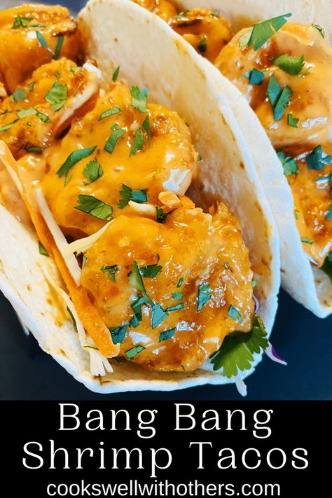 Bang Bang Shrimp Tacos, Slaw For Shrimp Tacos, Baby Shrimp Recipes, Crispy Fried Shrimp, Bang Bang Sauce, Easy Fish Tacos, Tacos Recipes, Fast Easy Dinner, Shrimp Taco Recipes