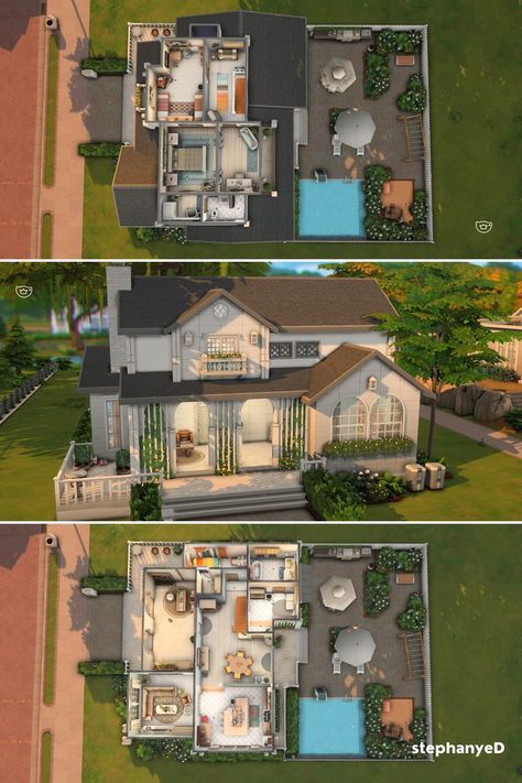 Sims 3 Houses Plans, Sims 4 Family House, Sims 4 Houses Layout, Lotes The Sims 4, Sims Freeplay Houses, Sims 4 Family, Sims 4 Bedroom, House Ideas Exterior, Sims 4 House Plans