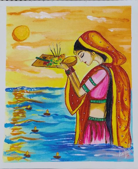 Chath Puja Painting, Chath Puja Drawings, Chhat Puja Drawing, Chhath Puja Drawing, Diwali Drawing Painting Ideas, Chath Puja, Happy Chhath Puja, Diwali Drawing, Special Painting