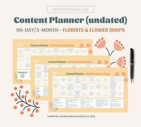 90-day Social Media Content Planner for Florists. Check out this planner now! Map out your social media success with this easy to use planner.  This 90-day content plan will help you: * Maintain consistent posting schedules on your Instagram account * Avoid last-minute rushing to find content to share * Stop missing out on trending topics due to poor planning INCLUDES: * 40 POST IDEAS * 20 STORY IDEAS * ENGAGEMENTS  * SLOGANS AND TAGLINES * CHECKLIST Content graphics and captions are not include Florist Instagram Content, Florist Content Ideas, Social Media Planner Template, Instagram Content Ideas, Social Media Content Planner, Content Plan, Flower Shops, Social Media Success, Content Planner