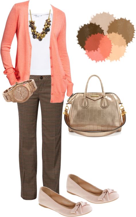 "Business Casual" love the brown, coral & gold together! Fashion Design School, Brown Pants, Outfit Combinations, Inspired Outfits, Professional Outfits, Business Casual Outfits, Work Attire, Work Fashion, Look Fashion