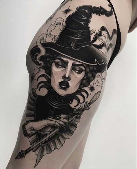 Witch Tattoo Ideas Traditional, Realistic Witch Tattoo, Witch Lady Tattoo, 1692 Tattoo, Bellatrix Lestrange Tattoo, Floral Tatoos, Tattoos For Women Arm, Upper Thigh Tattoos, Vampire Tattoo