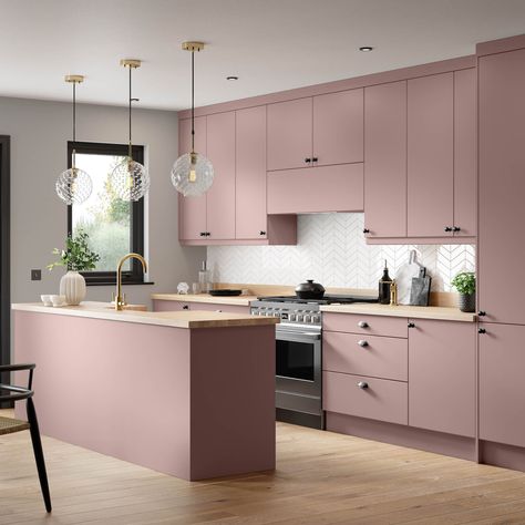 Premium Kitchens' Ethos range can revive your outdated kitchen cabinets, with cabinet doors available in a wide range of sizes and colours to suit your needs. Olive Green And Pink Kitchen, Pastel Pink Kitchen Cabinets, Pink And Sage Kitchen, Dusty Pink Kitchen Cabinets, Rose Kitchen Cabinets, Dusty Rose Kitchen, Soft Pink Kitchen, Small Modular Kitchen Ideas, Light Pink Kitchen