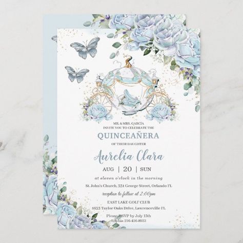 Baby Blue Roses Princess Cinderella Quinceañera Invitation Cinderella Baby Shower, Cinderella Quinceanera, Princess Pumpkin, French Roses, Princess Baby Shower Invitation, Princess Carriage, Pumpkin Carriage, Floral Baby Shower Invitations, Baby Shower Princess