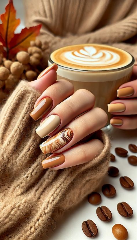 Coffe Nail Ideas, Latte Art Nails, Latte Nail Art, Fall Nail Inspiration, November Nails Fall, Fall Drink, Coffee Nails, November Nails, Sweater Nails