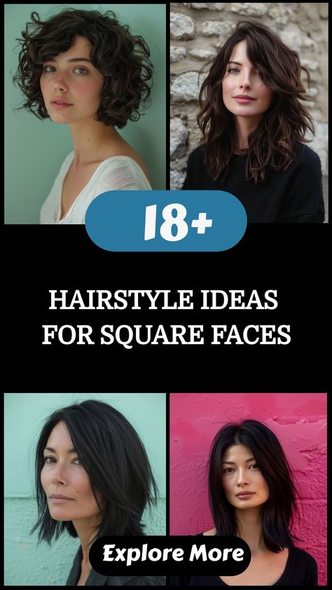 Hairstyle ideas for square faces featuring four women with different haircuts. Long Haircuts For Square Face Shape, Short Hairstyle Square Face Women, Square Face Curly Hairstyles, Haircuts Square Face, Layered Haircuts Long Hair, What Haircut Should I Get, Haircuts Long Hair, Layered Haircuts Long, Chic Bob Hairstyles