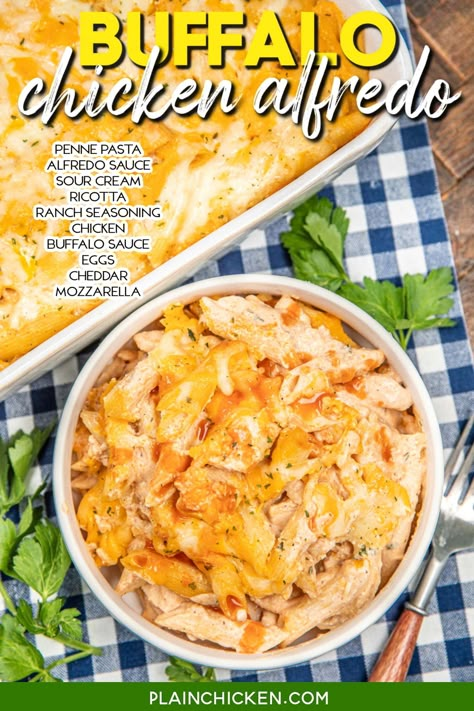 Buffalo Chicken Alfredo Pasta Bake – penne pasta, alfredo sauce, sour cream, ricotta, ranch seasoning, chicken, buffalo sauce, eggs, cheddar cheese, and mozzarella cheese. If you like buffalo chicken dip, you are going to love this casserole. Perfect for weeknight dinners or gatherings with friends, this dish is sure to be a crowd-pleaser. Chicken Alfredo Fries, Buffalo Chicken Alfredo Pasta, Buffalo Chicken Alfredo, Chicken Alfredo Pasta Bake, Plain Chicken Recipes, Dumpling Casserole, Alfredo Pasta Bake, Baked Chicken Alfredo Pasta, Baked Penne Pasta