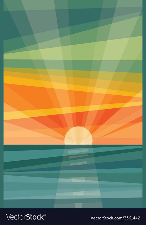 Sunset on beach geometric abstract Royalty Free Vector Image Beach Template Background, Sunset Painting Diy, Geometric Scenery, Sunset Graphic Design, Beach Moodboard, Draw Sunset, 2d Composition, Mountain Sunset Art, Sunset Quilt