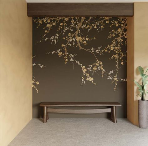 Pure White Wallpaper, White And Silver Wallpaper, Black Wall Mural, Cherry Blossom Bedroom, Japanese Inspired Bedroom, Dark Brown Walls, Autumn Interior, Cherry Blossom Wallpaper, Brown Curtains