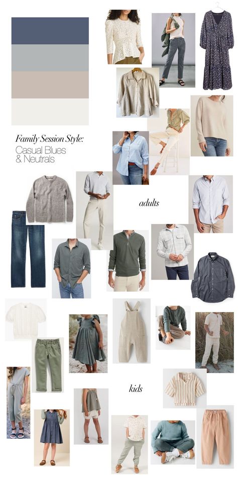 Family Photo Outfits Blues And Neutrals Fall, Photoshoot Clothes Family, Light Denim Family Photos, Causal Photoshoot Outfit, Navy White Cream Family Photos, Blues And Browns Family Photos, Family Photos Jeans Color Combos, Family Photo Shoots What To Wear, Jeans Outfit Photoshoot Family