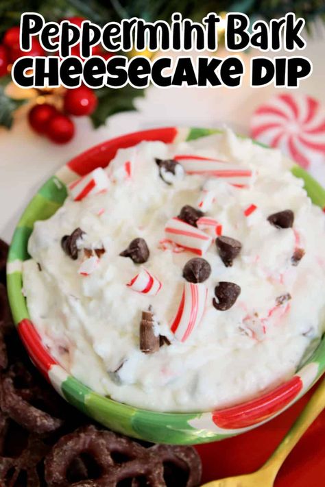 This peppermint bark cheesecake dip is going to be a great sweet treat to serve during the festive season. It is a lovely dip that goes with many different things. It is super tasty, easy to make and the kids will love it. Christmas Dessert Dip, Holiday Dip, Peppermint Bark Cheesecake, Cheese Desserts, Dessert Dip Recipes, Peppermint Treats, Peppermint Recipes, Dessert Dip, Delicious Christmas Desserts