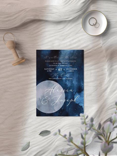 "Meet me under the moon" | ITEM | 5 x 7 card, double-sided  | HOW TO ORDER |  Printed Cards: 1. Select "Printed" in the drop down menu 3. Select quantity, where 1 = 10 printed cards 2. Check email and access Corjl template 3. Edit template. Add backside or leave it blank 4. Save. We will print and ship it to you Digital File: 1. Try before you buy:    https://www.corjl.com/d/KIE89 2. Select "Digital File" in the drop down menu. 3. Check your email and access Corjl template 4. Edit template. Add Wedding Celestial, Grad Invites, Starry Night Wedding, Blue Invitation, Celestial Wedding, Marriage Vows, Check Email, Night Wedding, Wedding Night