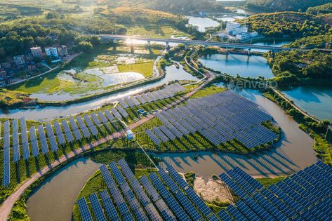 Solar power plant by liufuyu. Aerial view of a solar power plant #Sponsored #plant, #power, #Solar, #liufuyu Solar Farm Design, Geothermal Power Plant, Eco Technology, Science Display, Solar City, Solar Punk, Solar Power Station, Economics Lessons, Sci Fi Landscape