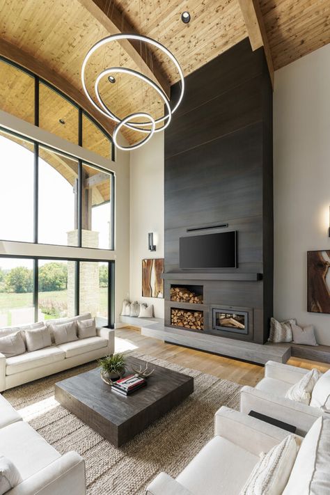 Tall Wall Fireplace Ideas, Modern Contemporary Fireplace, Marble Fireplace Hearth, Modern Fireplace Ideas Living Rooms, Hill Homes, Modern Cabin Interior, Fireplace Modern Design, Fireplace Modern, Tall Fireplace