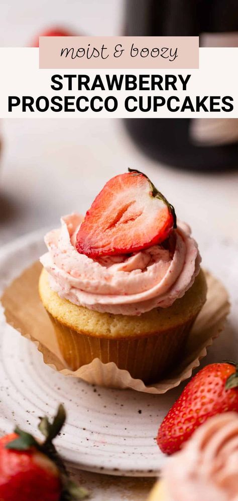 These Prosecco cupcakes are bubbling with flavor! With a tart strawberry filling and luscious strawberry buttercream, these cupcakes are reminiscent of the classic, luxurious combination of strawberries and Champagne. They are a perfect Valentine's Day dessert. Who doesn't love a boozy cupcake recipe? Strawberry Champagne Cupcakes, Prosecco Cupcakes, Boozy Cupcakes Recipes, Tart Strawberry, Strawberries And Champagne, Strawberry Buttercream Frosting, Boozy Cupcakes, Champagne Cupcakes, Bakery Food