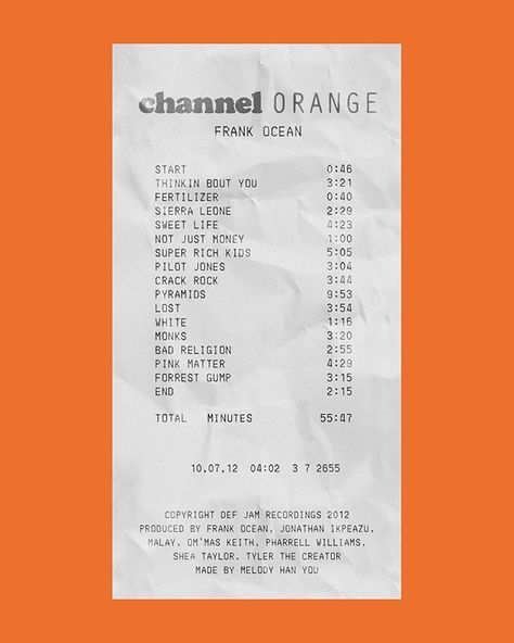 Album Receipts, Album Receipt, Frank Ocean Wallpaper, Ocean Music, Orange Photo, Channel Orange, Music Poster Ideas, Bedroom Wall Collage, Music Board