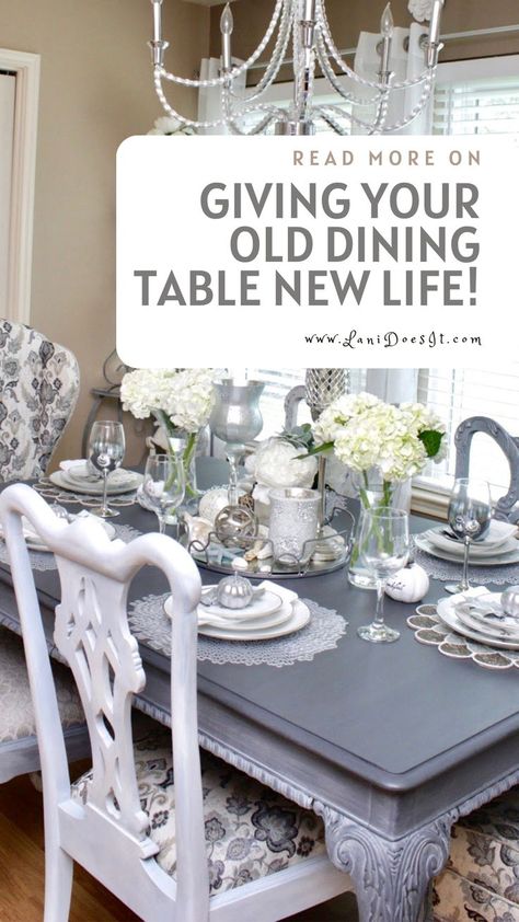 Give your old dining room table new life with the gift of transformation. This can be accomplished over the weekend or even in a day with just the perfect shade of paint and a paint brush. For this look, I used Rustoleum Chalked Paint. Click to read more on how you can have very much a brand new dining table for $40 or even less. Dining Room Furniture Makeover, Chalk Paint Dining Table, Table Chalk Paint, Old Dining Table, Painted Dining Room Table, Rustoleum Chalked, Dining Room Table Makeover, Vintage Dining Room Table, Fall Dining Table