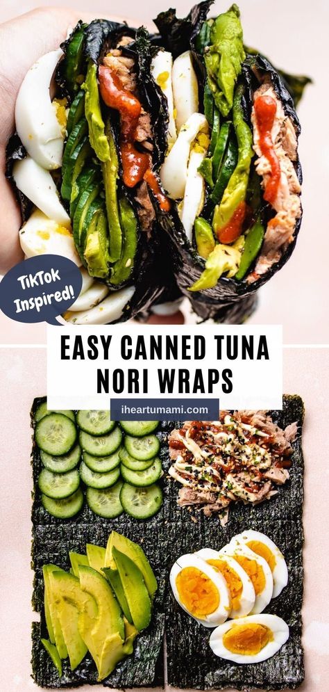 TikTok-inspired Nori Wraps with canned tuna are a fun way to make sushi! Pick-and-choose what goes into the sushi wraps for lunch in minutes! #sushi #nori #seaweed #lowcarb #keto #Whole30 #cannedtuna #tuna #seafood #lunch #snack Spicy Tuna Seaweed Wrap, Nori Tuna Wraps, Keto Seaweed Snacks, Nori Wraps Vegan, Healthy Seaweed Wraps, Nori Snack Ideas, Seaweed Nori Recipe, Nori Lunch Ideas, Recipes With Nori Sheets