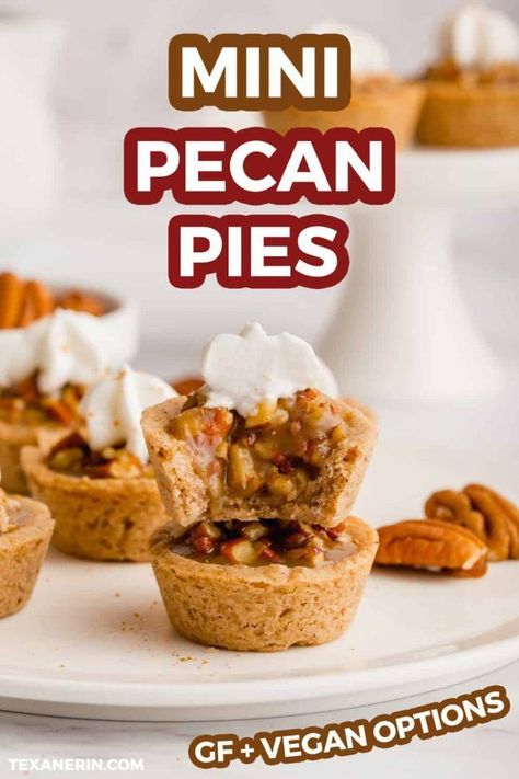 Mini pecan pies are the perfect bite-sized treat! Many pecan pies are made with corn syrup but, these are not! These healthy mini pecan pies can be made gluten-free, 100% whole-grain, or with all-purpose flour. These mini pies also have a vegan and dairy-free option. There is a recipe video included to walk you through the recipe. #pecan #pies #recipes #healthy #dessert #vegan Pecan Pies Recipes, Quick Thanksgiving Desserts, Recipes Healthy Dessert, Gluten Free Pecan Pie, Pecan Pie Bites, Dessert Thanksgiving, Mini Pecan Pies, Pecan Pies, Pies Recipes