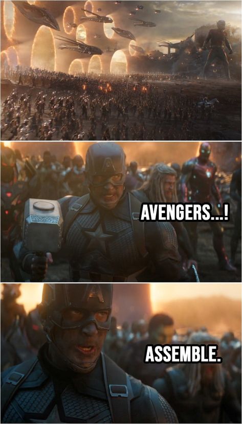 Steve Rogers: Avengers…! Assemble. (Calls Mjolnir to him) From Avengers: Endgame (2019) Best Avenger, Marvel Gifts, Marvel Quotes, Marvel Artwork, Dc Memes, Dc Movies, Avengers Memes, Marvel Films, Black Panther Marvel