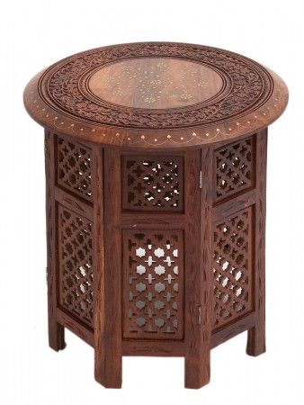 SHEESHAM Wood Table with Brass Inlay - Brown 18" Moroccan Coffee Table, Moroccan Side Table, Round Wood Side Table, Moroccan Table, Moroccan Furniture, Ottoman Furniture, Round Wood Coffee Table, Indian Furniture, Wooden Side Table