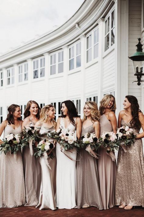 Glitter Bridesmaid Dresses, Mix Match Bridesmaids, Neutral Dresses, Neutral Bridesmaid Dresses, How To Dress For A Wedding, Gold Bridesmaid Dresses, Bridesmaid Colors, Gold Bridesmaids, Mismatched Bridesmaid Dresses