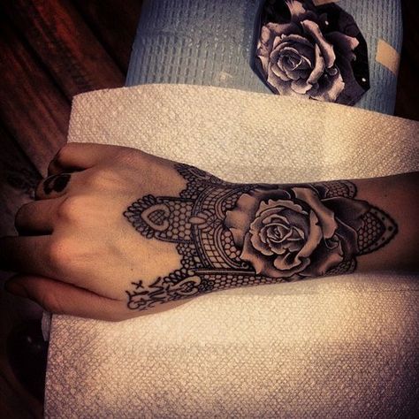 Intricate roses: | 65 Totally Inspiring Ideas For Wrist Tattoos 27 Tattoo, Lace Tattoo Design, Cuff Tattoo, Grunge Tattoo, Lace Tattoo, Old Tattoos, Wrist Tattoo, Girly Tattoos, Arm Tattoos