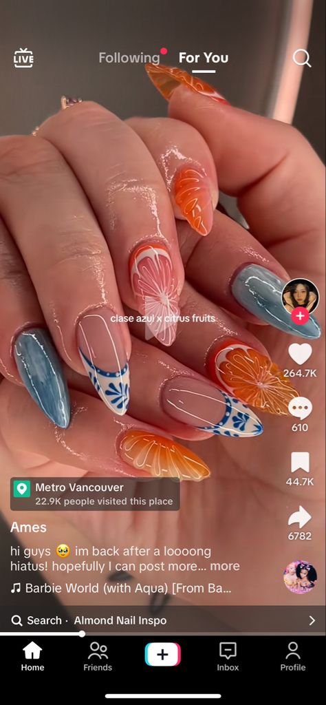 Mail Tech, Citrus Nails, Greece Nails, Aqua Barbie, Vacay Nails, Almond Fruit, Nail Ideas Summer, Mani Pedi Ideas, Nail Aesthetic