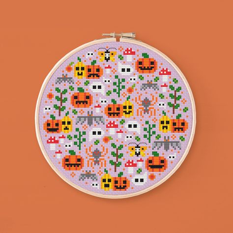 Cross stitch pattern of a cute pumpkin field sprinkled with some moths and mushrooms. This quick and fun project is the perfect wall decor for Halloween and Fall. Grab your needles, take some time for yourself and start stitching this mini project! Check out all the Halloween Garden patterns here! - Halloween Garden: https://www.etsy.com/listing/1555731684 - Witch's Hut: https://www.etsy.com/listing/1555747576 - Victorian Graveyard: https://www.etsy.com/listing/1555743006 - Mini Halloween Garden Halloween Cat Cross Stitch Pattern, Ghost Grid Pattern, Mini Halloween Cross Stitch, Victorian Graveyard, Thanksgiving Cross Stitch Patterns, Moths And Mushrooms, Cottagecore Cross Stitch, Cross Stitch Pumpkin, Spooky Cross Stitch