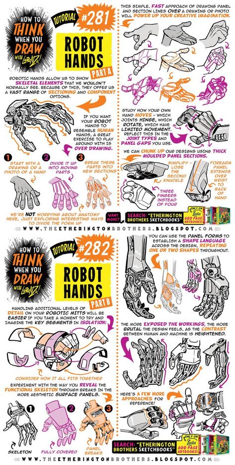 Draw Robot, Etherington Brothers, Hands Tutorial, Robot Hand, Comic Tutorial, How To Think, Digital Painting Tutorials, Drawing Practice, Drawing Lessons