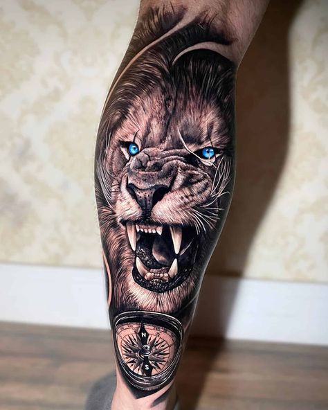 Thigh Lion Tattoo Man, Lion Tattoo On Calf For Men, Lion Tattoo Design Leg Men, Fierce Lion Tattoo Men, Realism Lion Tattoo Sleeve, Calf Lion Tattoo Men, Forearm Tattoo Men Lion, Leg Lion Tattoo Men, Calf Tattoo Designs Men