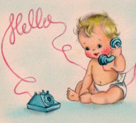 1950's cute graphic of blonde baby & telephone. Vintage baby announcement. Vintage Baby Pictures, Vintage Holiday Cards, Vintage Baby Shower, Baby Printables, Old Cards, Baby Illustration, Retro Baby, Baby Drawing, Baby Journal