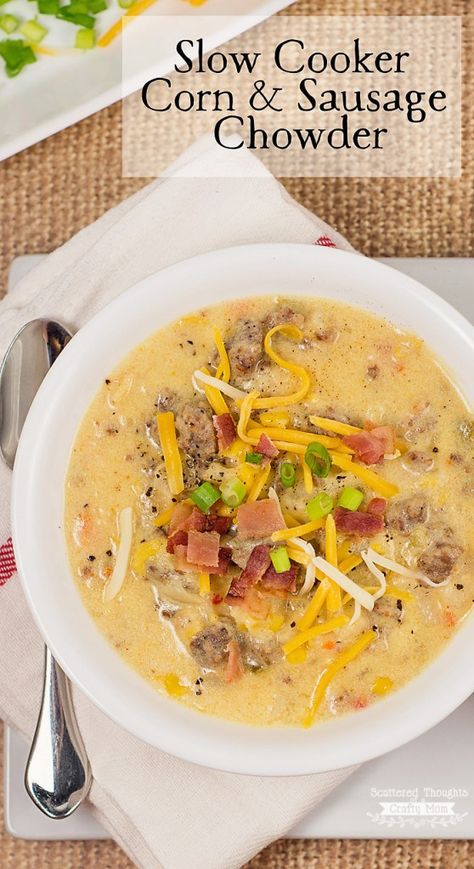 Looking for a hearty slow cooker soup recipe to fill you up and keep you warm on cold winter nights?  This Crock Pot Corn and Sausage Chowder recipe definitely fits the bill- creamy and loaded with delicious sausage and vegetables, it will make your family(and their tummies) very happy! Sausage Corn Chowder Recipe, Sausage Chowder, Corn And Sausage, Slow Cooker Mexican Chicken, White Chili Chicken Recipe, Cheeseburger Soup, Chicken Chili Recipe, Soup Recipes Slow Cooker, Chowder Recipes