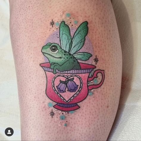 Frog And Flowers Tattoo, Frogs And Flowers Tattoos, Frog Teacup Tattoo, Whimsical Frog Tattoo, Cute Frog Tattoo, Frog Tattoo Neo Traditional, Colorful Frog Tattoo, Frog Watercolor Tattoo, Cottagecore Tattoo