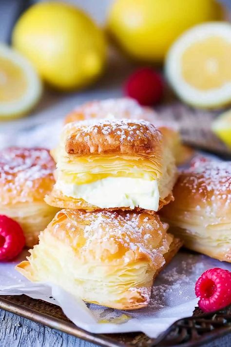 Lemon Cream Cheese Pastry, Cream Cheese Turnovers Puff Pastries, Phylo Dough Deserts, Lemon Phyllo Dessert, Lemon Curd Puff Pastry Recipes, Recipes With Phyllo Pastry, Cream Cheese Pastry Recipes, Phyllo Pastry Appetizers, Cream Cheese Puff Pastry Recipes